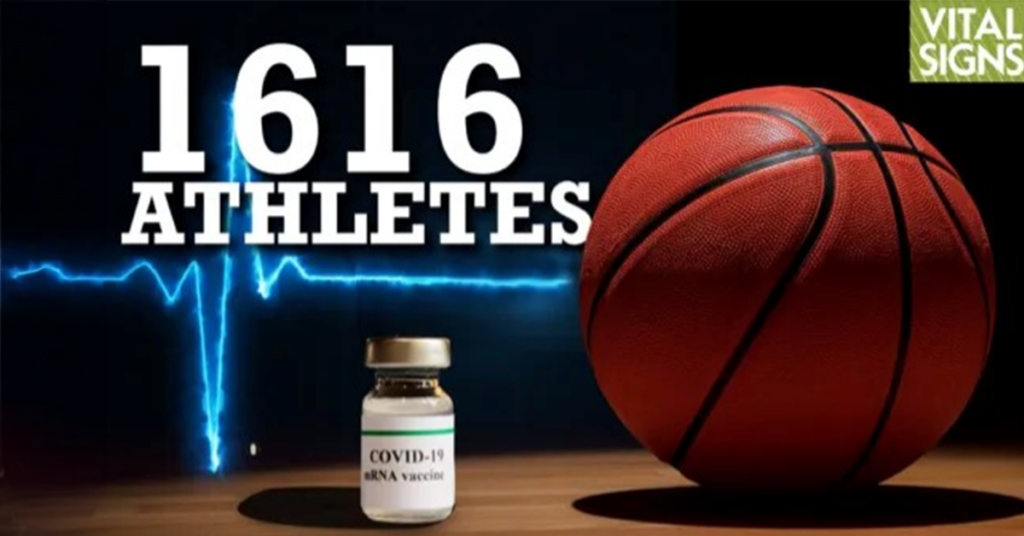 Vaccine bottle and a basketball on a table with "1616 Athletes" overlaid