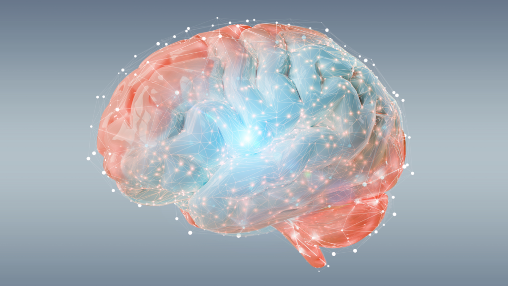 A human brain surrounded by a network of molecules